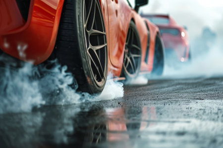 A red car emits smoke, indicating a potential issue with its engine, A close up of sport cars tires skidding and smoking on the tarmac, AI Generatedの素材