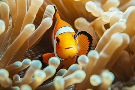 An orange clown fish gracefully swims among the tentacles of an anemone sea anemone in the ocean, A close-up view of a clownfish hiding in anemone, AI Generatedの素材