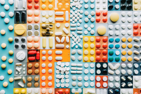 Pills and Tablets Arranged in Mosaic Pattern, A collage showcasing various popular types of prescription opioids, AI Generatedの素材