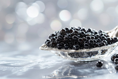 A glass bowl filled with freshly picked blackberries is placed on top of a wooden table, A close-up view of gleaming black caviar in an elegant crystal spoon, AI Generatedの素材