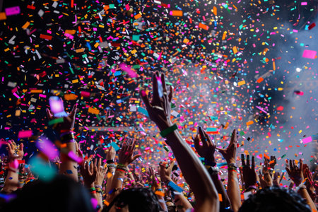 A lively crowd of people at a concert, surrounded by flying confetti, A cloud of confetti enveloping cheering sports fans, AI Generatedの素材