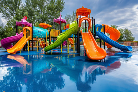 A lively water park featuring a vibrant and exhilarating water slide that provides an exciting experience for visitors, A colorful, vibrant playground with slides and swings, AI Generatedの素材