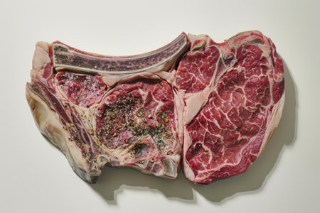 A piece of fresh and uncooked meat resting on a clean white surface, A conceptual piece featuring the cross section of flavorful steak, accentuating the marbling of the meat, AI Generatedの素材