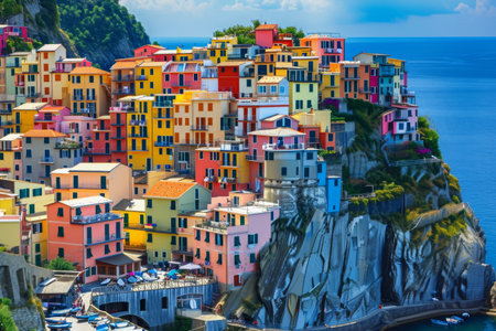 A vibrant village built on the edge of a cliff, providing sweeping views of the ocean, A colorful Italian coastal village, AI Generatedの素材