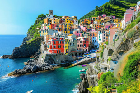 A coastal village with an array of brightly colored buildings nestled against the shoreline of a serene body of water, A colorful Italian coastal village, AI Generatedの素材