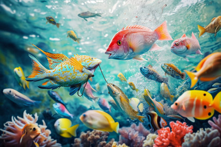 A massive congregation of fish gracefully swims above a vibrant coral reef, A colorful underwater scene portraying diverse fish species being lured by a fishing line, AI Generatedの素材