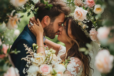 A bride and groom share a kiss under a beautifully decorated floral arch on their wedding day, A couple sharing a sweet kiss under a flower shower, AI Generatedの素材