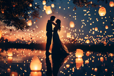 A man and a woman stand in front of decorative lanterns, smiling and posing for the camera, A couple dancing under the stars, surrounded by floating lanterns, AI Generatedの素材