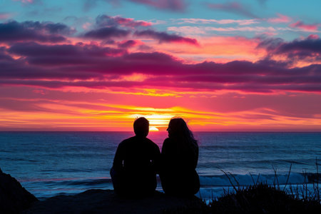 Two individuals are pictured sitting on the edge of a cliff, enjoying the view of the surroundings, A couple enjoying a Silhouette sunset on February 14th, AI Generatedの素材