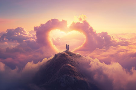 Two individuals standing on a mountain peak while a cloud shaped like a heart hovers above them, A couple standing on the top of a hill surrounded by heart-shaped clouds, AI Generatedの素材