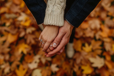 A couple stands together, holding hands, in front of a large mound of fallen leaves, A couple's hands entwined, showing wedding rings against a background of fall leaves, AI Generatedの素材