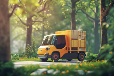 A yellow truck is parked amongst the trees in the forest, surrounded by green foliage and sunlight filtering through the branches, A cute small electric van delivering goods, AI Generatedの素材