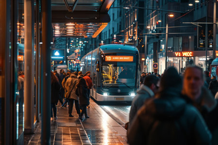 A diverse group of individuals walking together down a busy street next to a large public bus, A crowded bus stop with an approaching electric bus, AI Generatedの素材