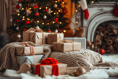 A festive Christmas tree adorned with ornaments and surrounded by beautifully wrapped presents, A cozy Christmas scene with a pile of gift boxes, AI Generatedの素材