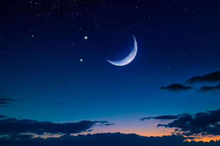 A crescent moon shines brightly amidst a backdrop of clouds in the night sky, A crescent moon and star shining brightly against a deep blue night sky, AI Generatedの素材