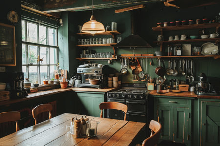 A kitchen featuring a wooden table and green cabinets, creating a natural and inviting atmosphere, A cozy, rustic restaurant kitchen with no people inside, AI Generatedの素材