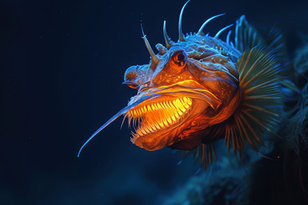 A detailed view of a fish with its mouth wide open, showcasing its sharp teeth and intricate gills, A deep-sea anglerfish luring prey with its bioluminescent organ, AI Generatedの素材