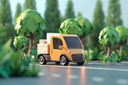 A small yellow truck is seen driving down a road amidst a bustling city, A cute small electric van delivering goods, AI Generatedの素材
