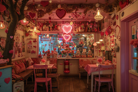 A Room Filled With Abundant Furniture and Decorations, A darling little cafe adorned with ValentineÃ¢â¬â¢s Day decorations, AI Generatedの素材