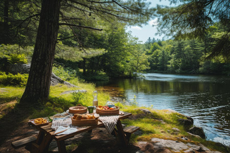 A picnic table with benches arranged on the shore of a river, providing a spot for outdoor dining and relaxation, A delightful picnic spread next to a serene fishing spot in the forest, AI Generatedの素材