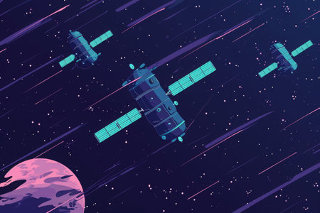 A photo capturing the image of a space station illuminated amidst the darkness of the night, A depiction of satellites in the minimal caricature style, AI Generatedの素材