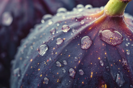 Close Up of a Purple Flower With Water Drops, A detailed close-up of a ripe fig, highlighting its deep purple color and delicate texture, AI Generatedの素材