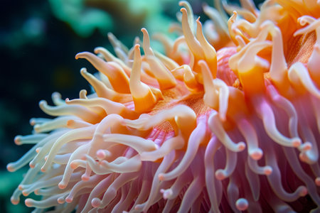 An orange and white sea anemone floats in the water, displaying its vibrant colors, A detailed look inside the sea anemone's home, bursting with character, AI Generatedの素材
