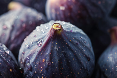 A cluster of figs covered in water droplets, showcasing their natural beauty and freshness, A detailed close-up of a ripe fig, highlighting its deep purple color and delicate texture, AI Generatedの素材