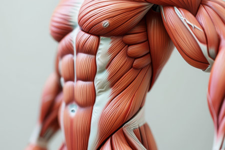 Picture of a man showcasing his muscular physique by flexing his muscles, A detailed depiction of human muscles in a bodybuilding perspective, AI Generatedの素材