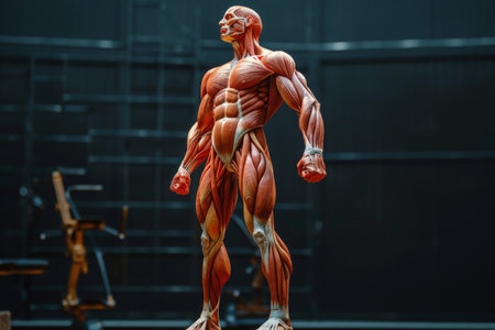 A model of the human body is showcased, providing a visual representation of anatomy and physiology, A detailed depiction of human muscles in a bodybuilding perspective, AI Generatedの素材