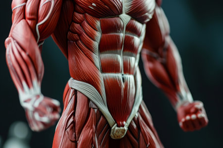 A detailed view of the muscles in a human figure, showcasing their structure and definition, A detailed depiction of human muscles in a bodybuilding perspective, AI Generatedの素材