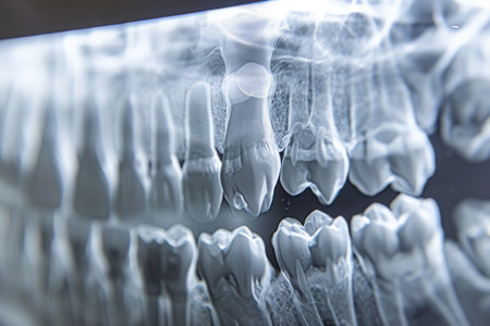 An x-ray image showing a tooth with a visibly absent neighboring tooth, A detailed view of human teeth X-ray film, AI Generatedの素材