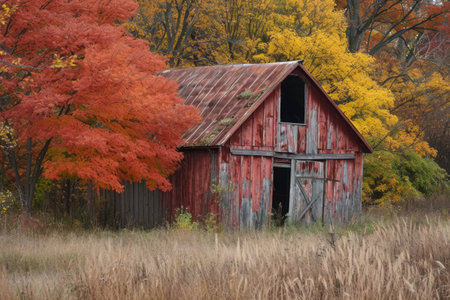 A red barn stands in a open field surrounded by trees under a blue sky, A dilapidated barn in an autumn setting, AI Generatedの素材