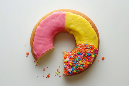 A close-up photo of a donut with a missing bite, revealing its fluffy interior and sugary glaze, A doughnut chart comparing high performing and low performing investments, AI Generatedの素材
