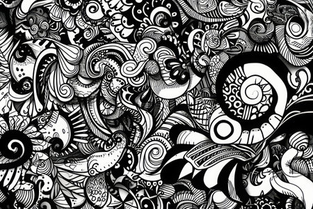 This black and white drawing showcases a multitude of different objects, featuring various subjects and actions, A doodle-inspired, intricate black and white design, AI Generatedの素材