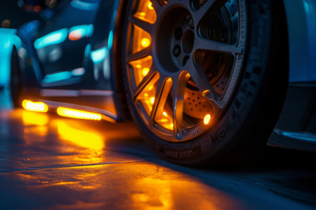 A Close Up of a Car Tire on a Street, A dramatic close-up of a glowing brake disc on a sport car during a night race, AI Generatedの素材