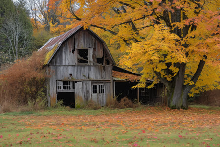 An abandoned barn stands alone in the center of a vast field, surrounded by overgrown grass, A dilapidated barn in an autumn setting, AI Generatedの素材