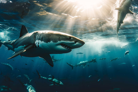A captivating image of a massive aggregation of sharks swimming together in the vast expanse of the ocean, A dramatic scene of great white sharks hunting their prey, AI Generatedの素材