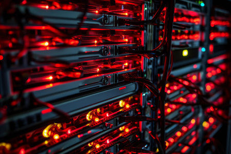 This close-up photo captures a rack of servers prominently displaying red and black components, A dramatic view of the inside of a NAS system, AI Generatedの素材