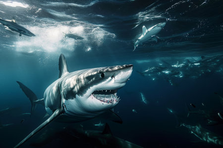 A powerful great white shark opens its mouth wide in the water, showcasing its formidable teeth and predatory nature, A dramatic scene of great white sharks hunting their prey, AI Generatedの素材