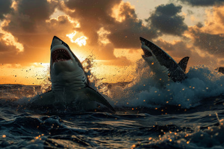 Two sharks swimming together in the ocean, A dramatic scene of great white sharks hunting their prey, AI Generatedの素材