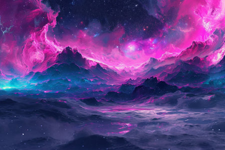 A vibrant purple and blue sky adorned with an abundance of stars shining brightly, A dramatic representation of interstellar medium in neon tones, AI Generatedの素材