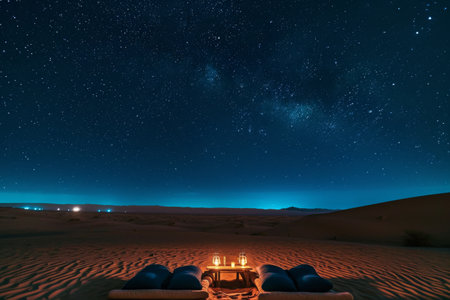 A pair of tents stands in a barren desert, providing shelter for adventurers amidst the harsh surroundings, A dreamy star-gazing setup in the middle of a tranquil desert, AI Generatedの素材