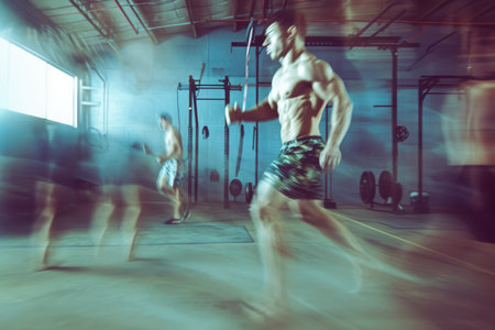 A photo capturing the energetic movement of a man as he runs on a treadmill in a gym, creating a sense of motion and activity, A dynamic representation of a CrossFit workout, AI Generatedの素材