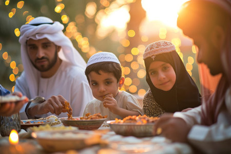 A diverse group of individuals sitting together at a table, enjoying a meal and engaging in conversation, A family breaking fast at suhoor, AI Generatedの素材