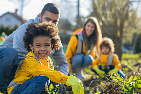 A diverse group of individuals actively planting in a field filled with plants and crops, A family participating in community service, AI Generatedの素材