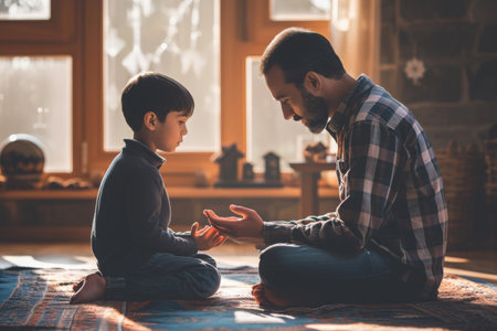 A man and a child are seated on a rug in a simple room, engaged in conversation, A father teaching his son to pray, AI Generatedの素材