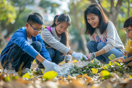 A group of children actively picking leaves from the ground in an outdoor setting, A family participating in community service, AI Generatedの素材
