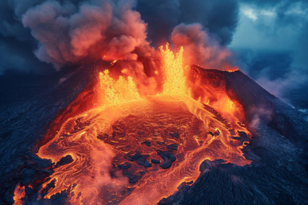 A powerful and dynamic volcano erupting, with streams of scorching lava pouring out of its fiery crater, A fiery volcanic eruption with swirling smoke and lava, AI Generatedの素材