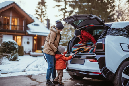 A man and a woman are seen loading a child into the trunk of a car, A family packing their electric car for a road trip, AI Generatedの素材